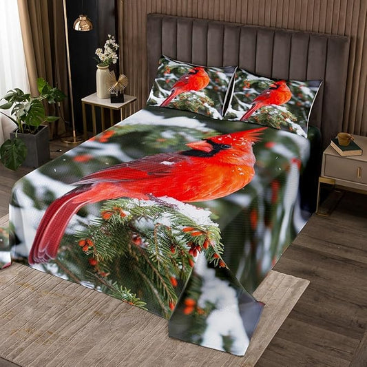 Erosebridal Cardinal Bedding Set Red Bird Bedspread Set for Kids Boys Teens, Pine Tree Coverlet Set Animal Snow Quilt Set Soft and Breathable Bedroom Decor Queen Size