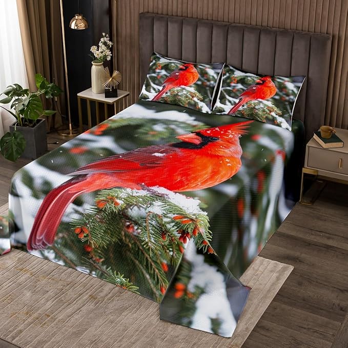 Erosebridal Cardinal Bedding Set Red Bird Bedspread Set for Child Girls Youth, Pine Tree Coverlet Set Animal Snow Quilt Set Soft and Breathable Bedroom Decor King Size