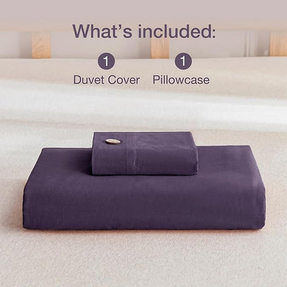 JELLYMONI Cotton Duvet Cover Twin Size - Purple Comforter Cover with Button 100% Washed Cotton 2PCS Breathable Soft Solid Bedding Set Duvet Cover 68×90in & 1 Pillowcase (NO Comforter)
