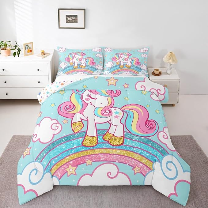 Feelyou Unicorn Bedding Full,Star Print Rainbow Kids Comforter Sets for Girls Comforter Set,Cute Unicorn Duvet Quilt,Cute Animal Bedding Rainbow Bedroom Decor,Blue
