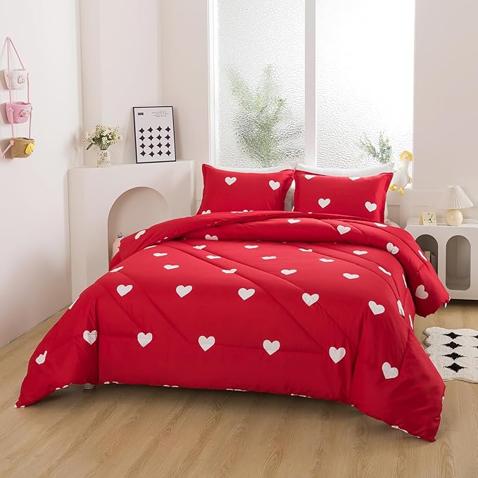 Caressma Love Queen Comforter Set - Romantic White Heart Print Red Bedding Comforter 3 Pieces Matching Pillowshams