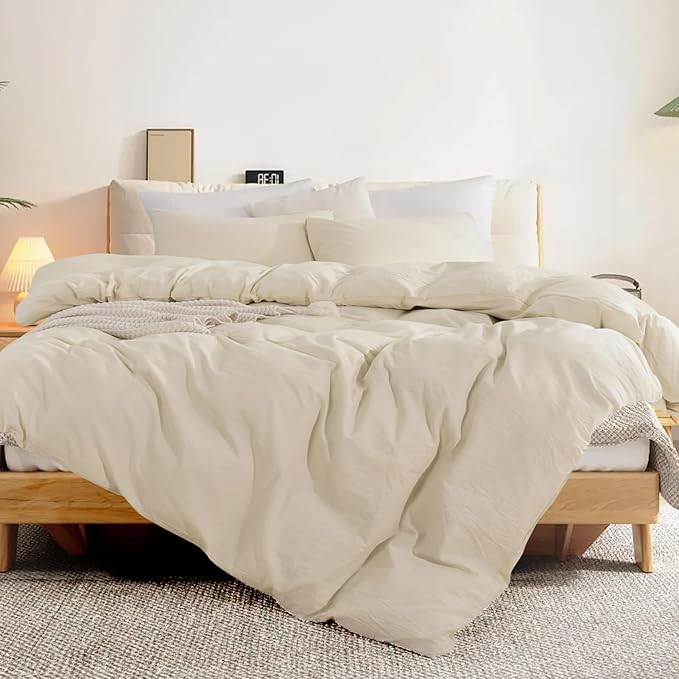 NEXHOME PRO Duvet Cover Set Oversized Queen 98"x98" Linen Feel Textured Cream Grey Organic Natural 100% Washed Cotton Duvet Cover 3 Pieces Bedding Set Zipper Closure, Breathable (No Comforter)