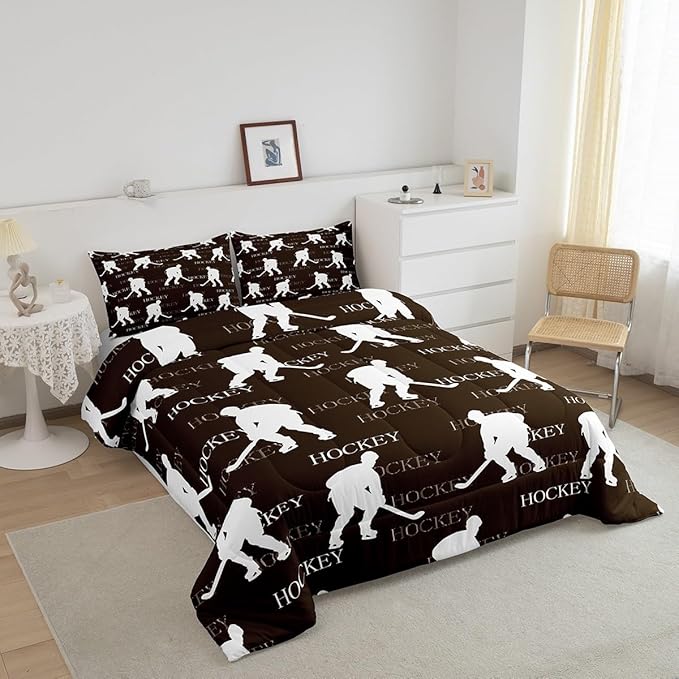 Hockey Sports Event King Size Comforter Set,Kids Brown Hockey Player Decor All Season Bedding Set,Teens Sports Game Comforter,Hockey Lover Decor Quilt Set Bedroom Collection 3Pcs