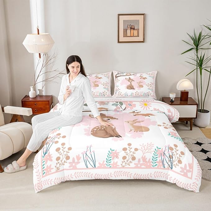 jejeloiu Cute Sika Deer Bedding Set Twin Size Pink Flower Comforter Set for Kids Boys Girls Fairytale Theme Duvet Set Kawaii Owl Quilt Set 2Pcs