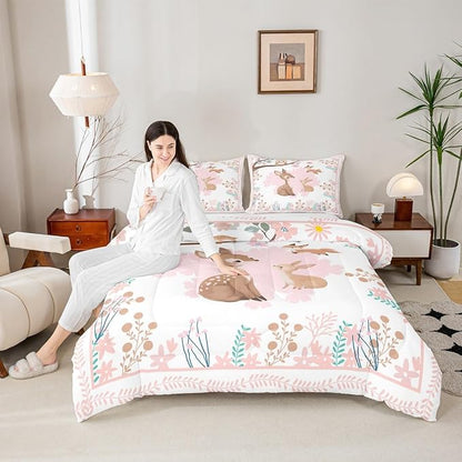 jejeloiu Cute Sika Deer Bedding Set King Size Pink Flower Comforter Set for Kids Boys Girls Fairytale Theme Duvet Set Kawaii Owl Quilt Set 3Pcs