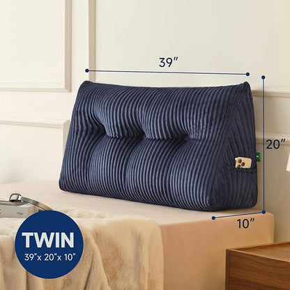 Z-hom Twin Headboard Pillow, Triangular Wedge Reading Pillow for Bed or Sofa, Ergonomic Backrest Cushion for Sitting Up, Reading or Relaxing, with Side Pocket，Removable Washable Cover,Blue