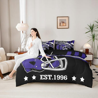Erosebridal 3D Football Helmets Kids Comforter Set Queen Size Sports City Bedding, Rugby Decor Football Seasonal Comforter + Flat Sheet + Fitted Sheet + 2 Pillowcases + 2 Throw Pillow Covers