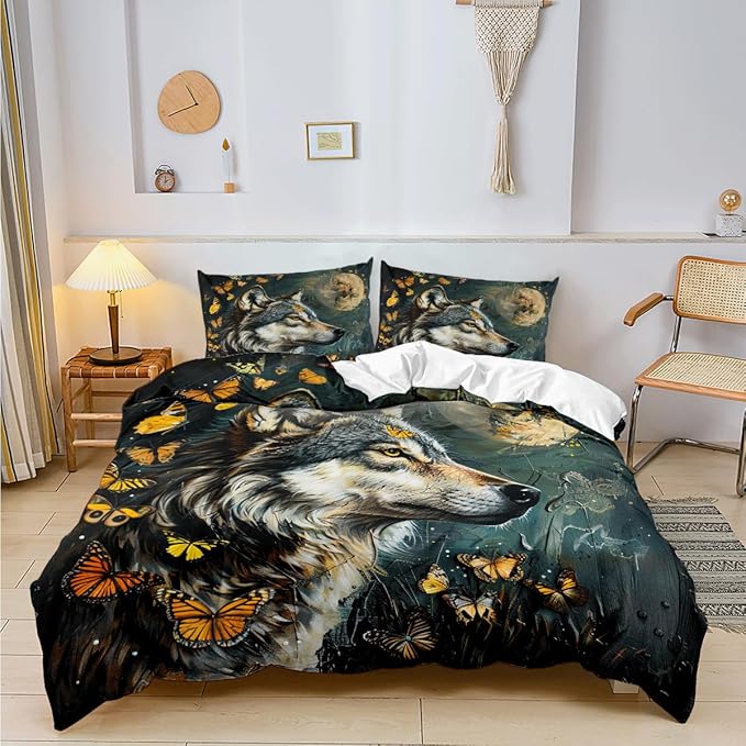 Duvet Cover Twin Wolf Butterflies Pattern Bedding Set for Boys Teens Room Decor 3 Pcs Natural Theme Bed Cover Cooling Comforter Cover Moon Quilts Cover,Twin