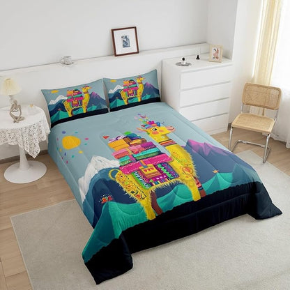 Cartoon Alpaca Comforter Set Toddler Size for Kids Adventure Travel Theme Bedding Sets All Season Bohemia Exotic Animal Quilt Set Bedroom Decor Mountain Landscape Down Comforter,2Pcs