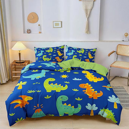 Dinosaur Duvet Cover Sets Twin Size for Kids Boys Girls Teens, Cartoon Blue Green Comforter Cover,1 Duvet Cover 69x90 Inches and 1 Pillowcase 20x26 Inches (Twin,No Comforter)