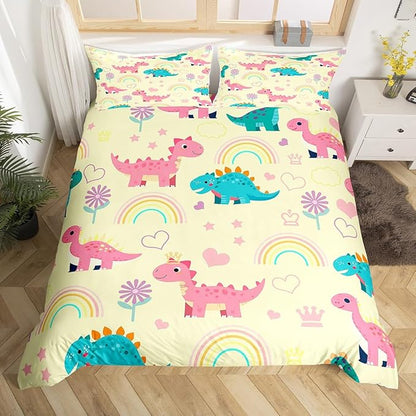 Kawaii Dino Duvet Cover Set Twin Size,Cute Rainbow Floral Love Heart Reversible Comforter Cover (Not Comforter),Pink Yellow Dinosaur Lovely Animal Polyester Bedding Set Bedroom Decor, 2 Pcs