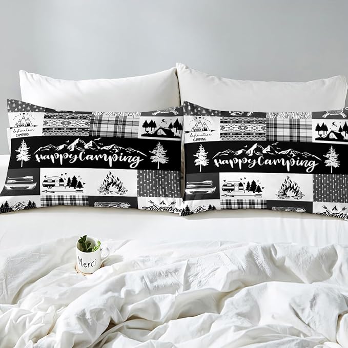 Camper Adventure Duvet Cover Set Full Size,Happy Camping Plaid RV Inside Decor Comforter Cover with 2 Pillowcases,Arrow Hunt Cabin Rustic Farm Check Breathable Bedspread for Boys Teens