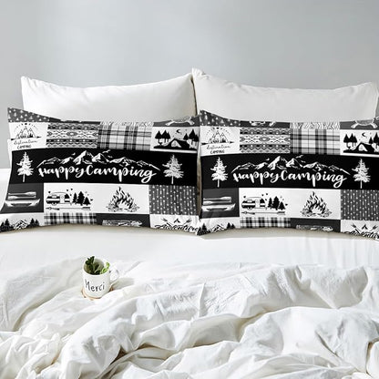 Camper Patchwork Bedding Set King Size for Teens,RV Happy Camping Hunting Adventure Comforter Cover with 2 Pillowcases,Travel Trailers Decor Boho Aztec Exotic Duvet Cover Set Microfiber Quilt Cover