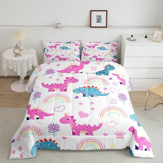 Castle Fairy Kawaii Dino Kids Comforter Set King Size,Cute Rainbow Floral Love Heart Reversible Quilted Duvet with 2 Pillowcases Purple Blue Dinosaur Lovely Animal Comforter for Boys Teens Bedroom