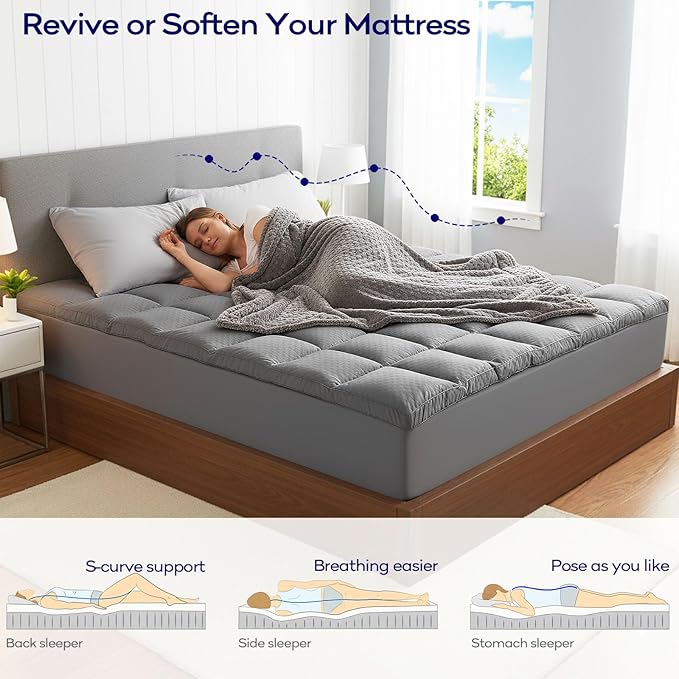 OLANLY Dual-Layer 4 Inch Twin XL Size Memory Foam Mattress Topper for College Dorm Room Essentials, 2 Inch Gel Memory Foam Topper, 2 Inch Cooling Pillow Top Mattress Pad Cover, Gray