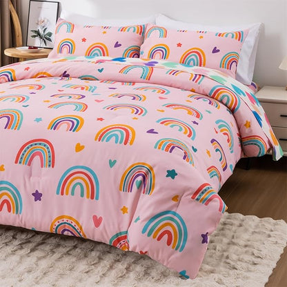 Holawakaka Boho Rainbow Twin Comforter Set with Sheets, 5-Piece Bohemian Love Heart Star Bedding Set for Girls & Women -Super Soft Microfiber Kids Teen-Girls Twin Size Blush Reversible Bed-in-a-Bag