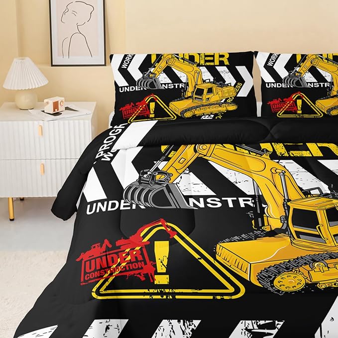 QOOMO Excavator Comforter King Size,Construction Truck Comforter Set for Kids Teens Boys Girls,3Pcs Bedding Set Printed Comforter with 2 Pillowcases,Soft and Lightweight(Black，King Size)