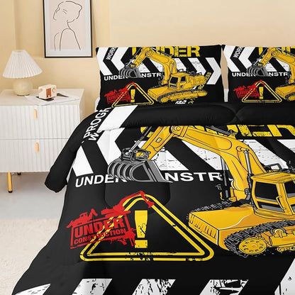 QOOMO Excavator Comforter King Size,Construction Truck Comforter Set for Kids Teens Boys Girls,3Pcs Bedding Set Printed Comforter with 2 Pillowcases,Soft and Lightweight(Black，King Size)