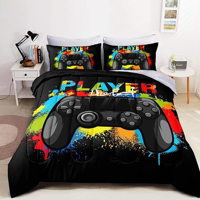 Wajade Kids Gamer Comforter Set Full Size Bed in a Bag for Boys and Girls, 7 Pieces 3D Video Game Controller Printed Bedding Set Includes Comforter, Flat Sheet, Fitted Sheet, Two Pillowcases & Shams