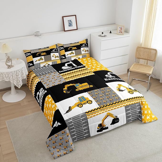 Feelyou Excavator Comforter Construction Vehicles Comforter Set Equipment Trucks Bedding Set for Children Kids Boys Girls Cartoon Car Duvet Set Geometric Lattice Room Decor Quilt Set Toddler Size