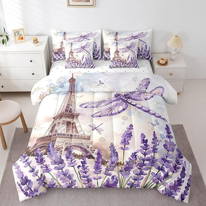 Feelyou Eiffel Tower King Size Comforter Set with Sheets Paris 7 Piece Bedding Set for Kids Girls Teens Toddler Purple Dragonfly Bed in a Bag Romantic Art Bed Set