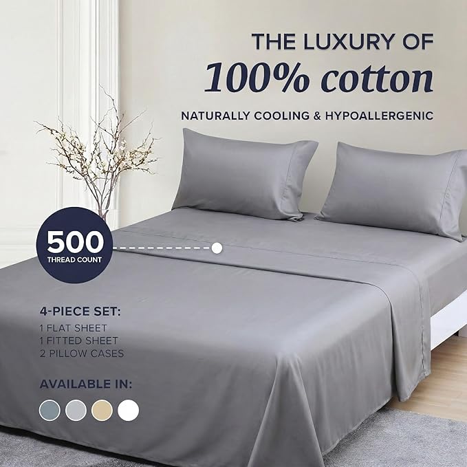 Beckham Hotel Collection Twin XL Sheet Set 100% Cotton, 500TC Luxury Sateen Bedding, 16” Deep Pocket, Moisture-Wicking, 3-Piece, Dark Gray