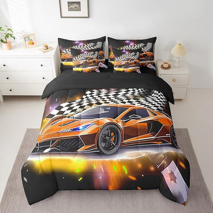 Feelyou Orange Racing Car 7 Piece Bedding Set Full Size Extreme Sport Comforter Set with Sheets for Kids Boys Girls Teens Toddler Fast and Furious Bed in a Bag Black White Flag Bed Set