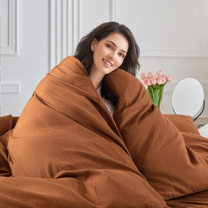 NEXHOME PRO Terracotta Burnt Orange Duvet Cover Set Kids Twin Size Linen Look Textured Organic Natural 100% Washed Cotton Duvet Cover 2 Pieces Bedding Set Caramel with Zipper Closure (No Comforter)