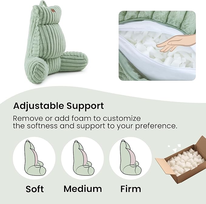 Amélie Home Faux Fur Reading Pillow with Pocket for Sitting in Bed, Adult Backrest Bed Pillow with Washable Cover for Lounging, Study & Relaxing, Sage Green 29 inches