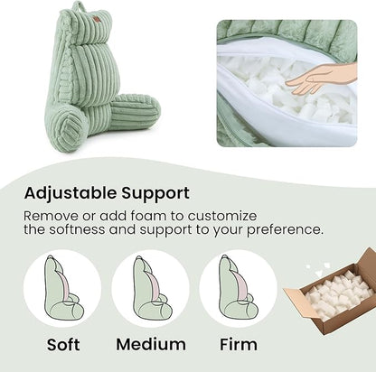 Amélie Home Faux Fur Reading Pillow with Pocket for Sitting in Bed, Adult Backrest Bed Pillow with Washable Cover for Lounging, Study & Relaxing, Sage Green 29 inches