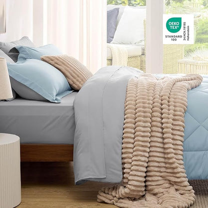 Bedsure Full Size Comforter Set - 7 Pieces Reversible Sky Blue Bedding, Full Size Bed Set for All Seasons, Bed in a Bag with Down Alternative Comforter, Sheets, Pillowcases & Shams