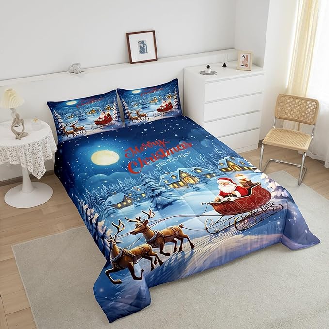 Cartoon Santa Claus Comforter Set King,Christmas Deer Reindeer Moose Bedding Set for Kids Boys Girls,Xmas New Year Gift Duvet Insert,Merry Christmas Tree Down Comforter with 2 Pillowcases