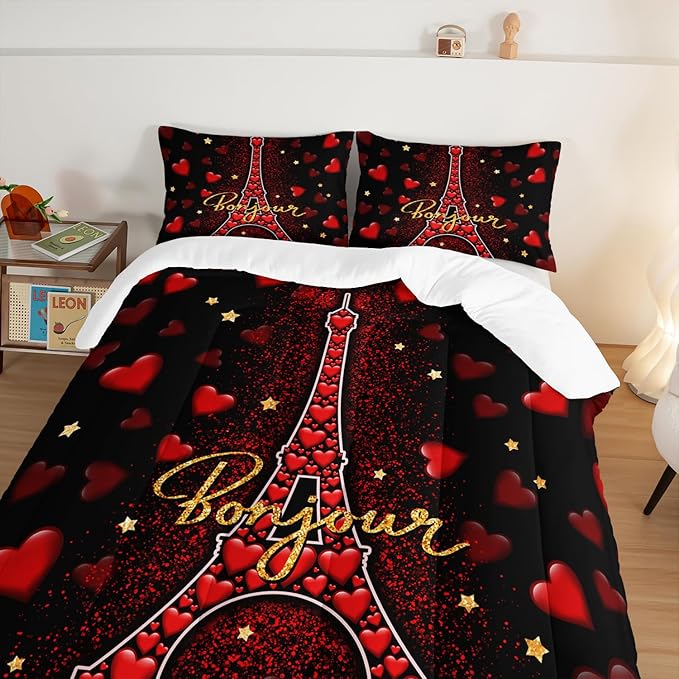 Eiffel Tower Twin Size Comforter Sets,Red Loving Heart Romantic Couple Bedding Set,Paris Bedding Comforter Sets for Women Room Eiffel Tower Decor with 2 Pillowcases.