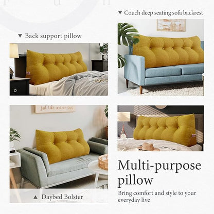 Queen Size Triangle Reading Pillow - Large Bolster Back Support for Sitting Up in Bed, XXL Couch Daybed Bed Rest Backrest Cushion - Linen Yellow