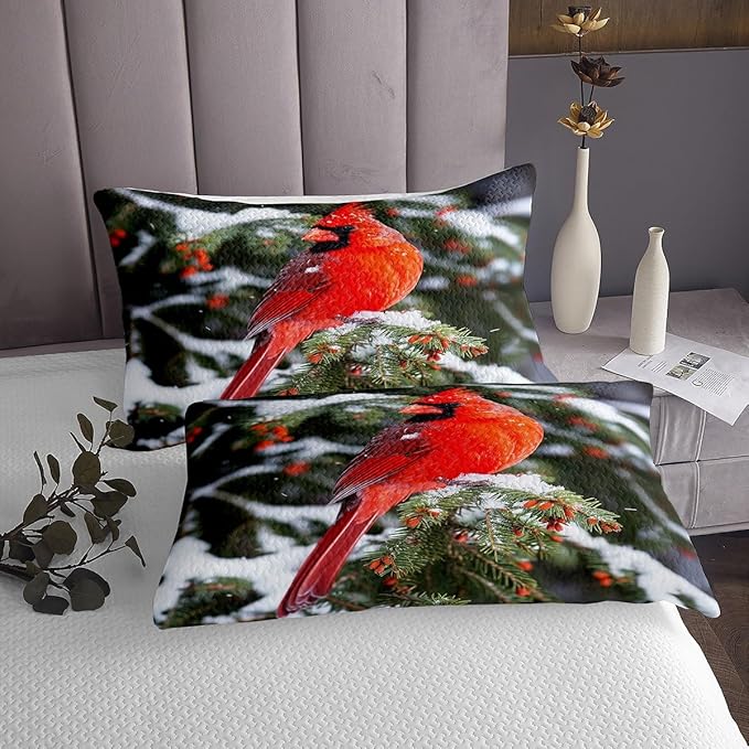 Erosebridal Cardinal Bedding Set Red Bird Bedspread Set for Child Girls Youth, Pine Tree Coverlet Set Animal Snow Quilt Set Soft and Breathable Bedroom Decor King Size