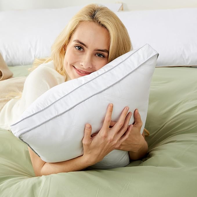 Dreamhood Luxury Goose Feather Down Pillow Queen Size Set of 2 - Made in USA Gusseted Hotel Bed Pillows with Premium 500 TC Cotton, Medium Firm Feather Down Pillow for Back