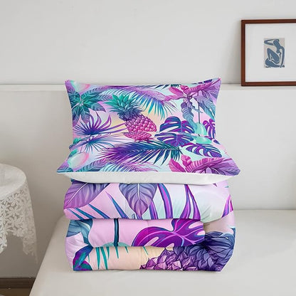 Feelyou Cartoon Pineapple Comforter Palm Leaves Bedding Set for Kids Boys Girls Tropical Botanical Comforter Set Watercolor Purple Blue Decor Quilt Set Bedroom Collection 2Pcs Twin Size