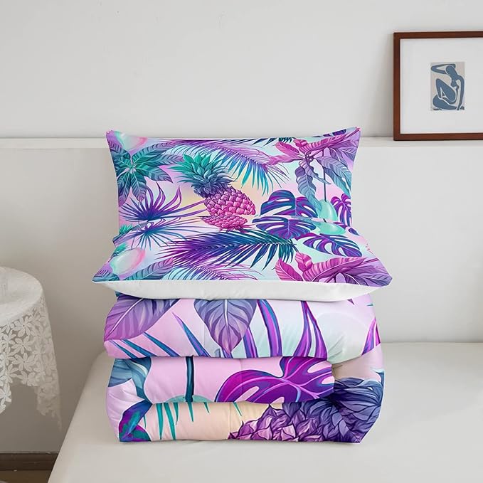 Feelyou Cartoon Pineapple Comforter Palm Leaves Bedding Set for Kids Boys Girls Tropical Botanical Comforter Set Watercolor Purple Blue Decor Quilt Set Bedroom Collection 3Pcs Queen Size