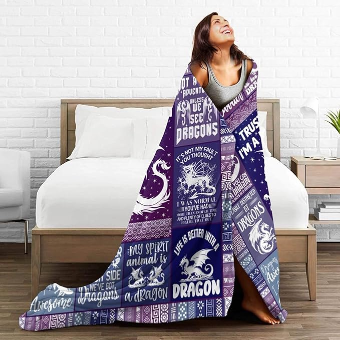 Dragon Blanket for Boys Girls, Cute Dragon Themed Design Printed Purple Throw Blankets for Kids Lap, Chair Sofa, Warm Soft Cozy Blanket, 40"x 50"