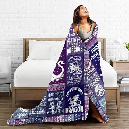 Dragon Blanket for Boys Girls, Cute Dragon Themed Design Printed Purple Throw Blankets for Kids Lap, Chair Sofa, Warm Soft Cozy Blanket, 40"x 50"