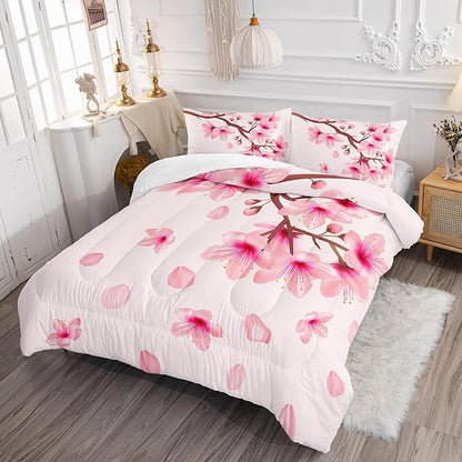 Cherry Blossoms Comforter Set Full Size 3Pcs Romantic Theme Pink Bedding Set Girl Floral Down Quilt with 1 Comforter and 2 Pillowcases