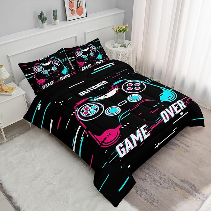 Kids Comforter Set Blue Pink Gamepad Printed Pattern Bedding Set with 1 Comforter and 2 Pillowcases for Girls Boys Bedroom All Season(Blue Pink Gamepad Queen)