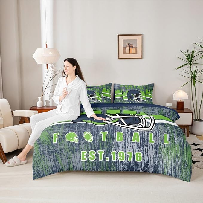 Erosebridal Football City Bedding Set Classic Sports Helmet Boys Bed in A Bag Queen, Rugby Fans Comforter Sets with Sheets for Boys Gridiron Seasonal Bed Set Navy Green Room Decor