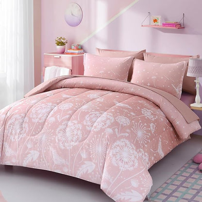 Menghomeus Girls Comforter Set Twin Size 5 Pieces Bed in A Bag Ombre Pink Bedding Set Dandelion Butterfly Print Kids Bedding Collections