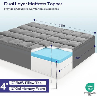 OLANLY Dual-Layer 4 Inch Twin Size Memory Foam Mattress Topper for Back Pain, 2 Inch Cooling Pillow Top Mattress Pad Cover and 2 Inch Gel Memory Foam Topper, Deep Elastic Pocket, Grey