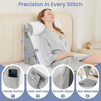 Sasttie Wedge Pillow Set for After Surgery, 2PCS Adjustable Bed Wedge Pillow Headboard with Memory Foam Neck Cushion – for Acid Reflux, Sleeping, Neck & Back Support, Light Grey & White