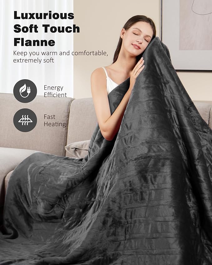 Heated Blanket Throw with 2 Wearable Buttons, Lux-Soft Flannel Sherpa Electric Blanket 9 Heat Levels & 1-10H Timer, 50"x60" Wearable Heated Throw Blanket, ETL Certified Machine Washable (Grey)