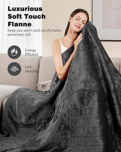 Heated Blanket Throw with 2 Wearable Buttons, Lux-Soft Flannel Sherpa Electric Blanket 9 Heat Levels & 1-10H Timer, 50"x60" Wearable Heated Throw Blanket, ETL Certified Machine Washable (Grey)