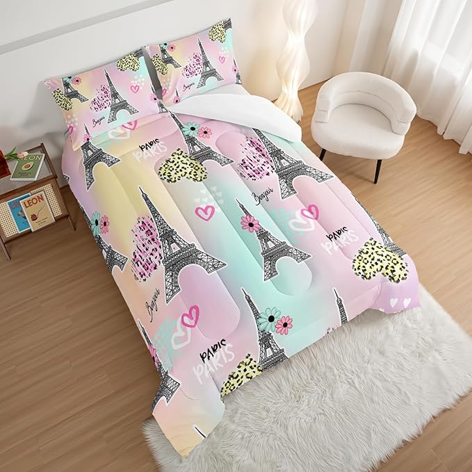 HOSIMA Eiffel Tower Comforter Rainbow Bedding Sets 3Pieces,Lovers Sweet Couple Paris Bedroom Comforter Set,Leopard Print Heart Full Size Comforter Sets Modern French Style Girls Bedroom Decor.