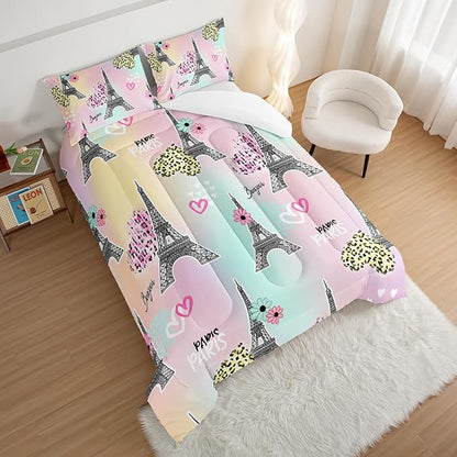 HOSIMA Eiffel Tower Comforter Rainbow Bedding Sets 3Pieces,Lovers Sweet Couple Paris Bedroom Comforter Set,Leopard Print Heart King Size Comforter Modern French Style Girls Bedroom Decor.